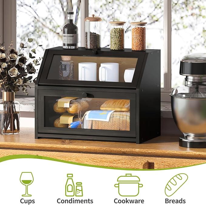 BMOSU Farmhouse Bread Box for Kitchen Countertop Bread box Double Layer Bamboo Wooden Extra Large Capacity Bin Kitchen Food Storage Container(Black) - Image 5