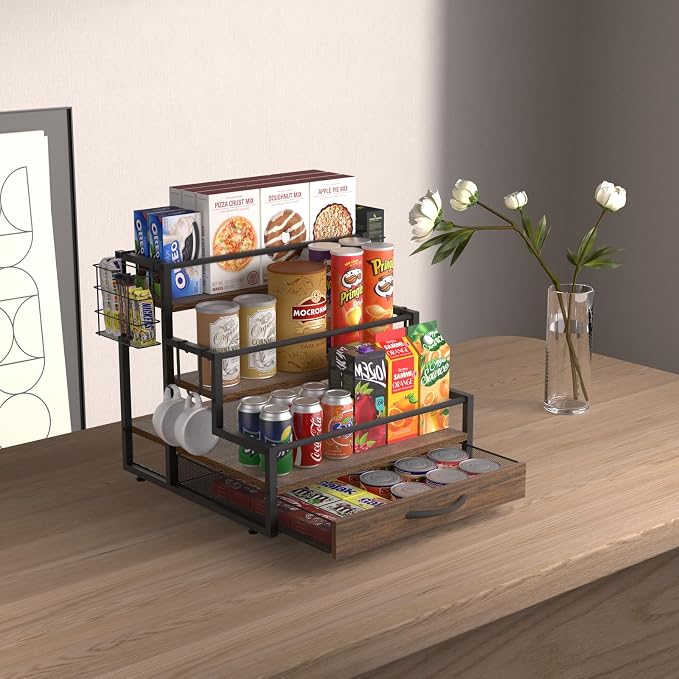 Coffee Syrup Organizer Rack, 4-Tier Stand with K-Cup Drawer & Side Hooks | All In One Holds 12 Syrup Bottles , 36 K-Cups Pump Use On-Shelf for Home Kitchen Pull-Out Drawer Side Basket For Mugs/Stirrer - Image 5