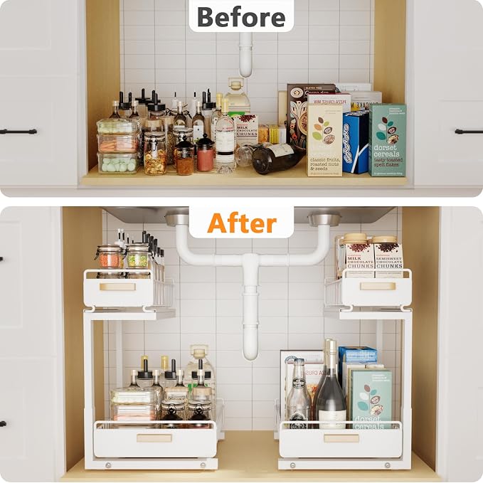 Under Sink Organizer 1 Pack Pull Out Cabinet Organizer with Ball Bearing Sliding Drawer 2 Tier Adjustable Storage Rack Heavy Duty for Kitchen Bathroom White - Image 5