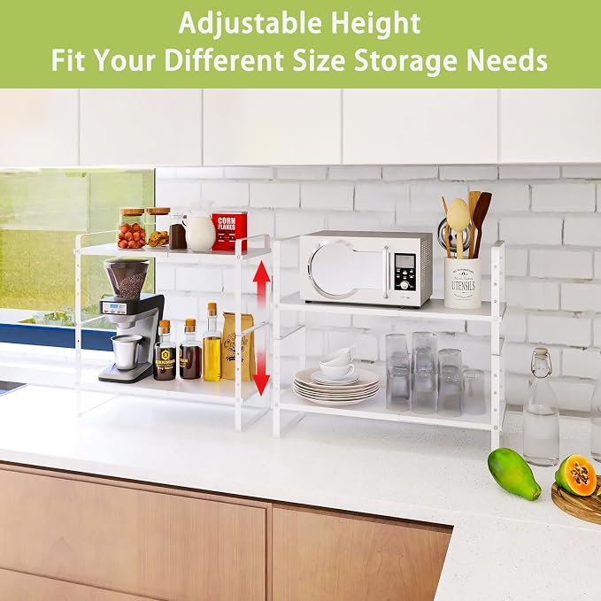 Across-Star Expandable Cabinet Shelf Organizer Rack, Stackable Kitchen Counter Storage Shelves Stand, Adjustable Height Pantry Shelf Spice Rack (White, 2 Pack) - Image 2