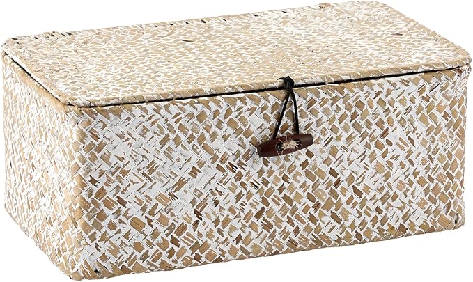 Hipiwe Wicker Shelf Baskets with Lid, X-Small Woven Seagrass Basket Bin | Rectangular Storage Baskets Household Basket Boxes for Shelf Home Organizer and Decor, Whitewash by Hipiwe