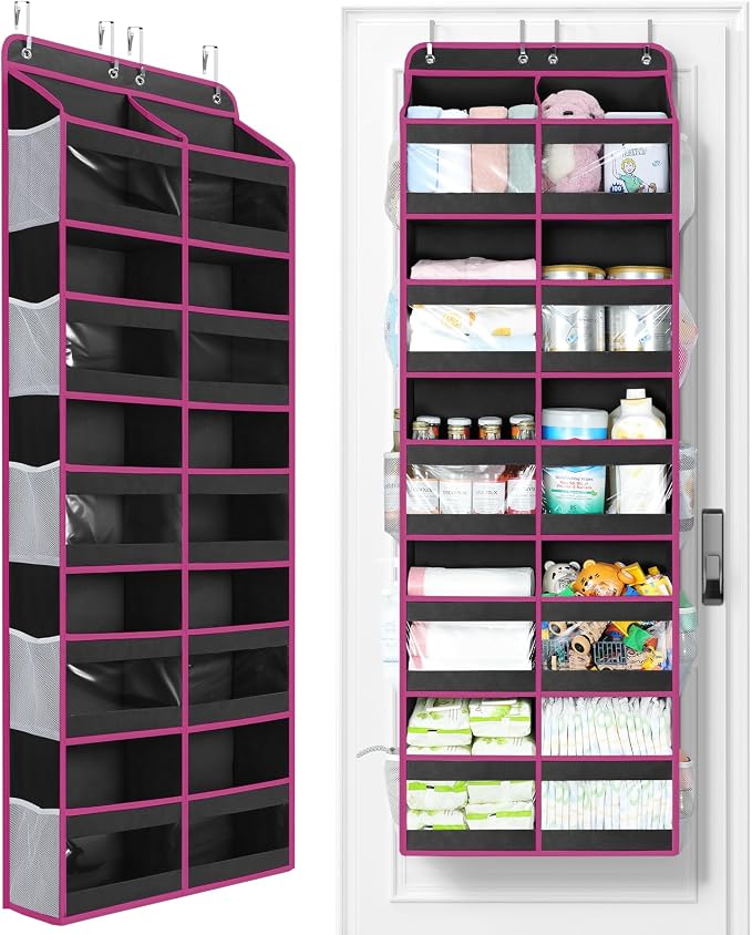 Yecaye 5-Tier Over The Door Organizer Dual-Column, 80lbs Load Over The Door Storage of 10 Compartments, Heavy Duty Door Organizer Hanging for Bedroom Closet Dorm Bathroom Pantry, Black and Pink 1 Pack by Yecaye