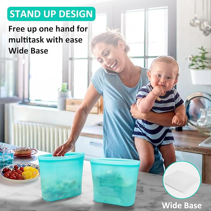 Reusable Food Storage Bags Extra Large, 0.8 Gallon/101 fl.oz/3000 ml, 4 Pack 100% Silicone Food Storage Bags Stand-Up Wide-Mouth Zip-Lock for Large Items, Freezer Microwave Oven Dishwasher Safe, Aqua - Image 5