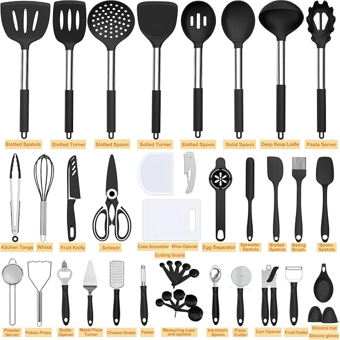 Silicone Cooking Kitchen Utensil Set, Umite Chef 43 PCS Heat Resistant Kitchen Utensils Gadget Set-Stainless Steel Handle- Kitchen Spatula Tools for Nonstick Cookware, Kitchen Accessories(Black) - Image 2