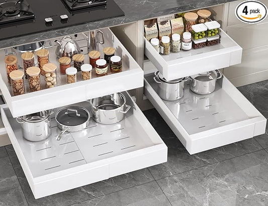 Seinloes 4 Pack Pull Out Cabinet Organizer 22" Deep,Full Extension 3 Slide Rails Slide Out Drawers With Raising Pad for Framed Cabinets,Expandable Width (12.3"-20.5"),No Drill Roll Out shelf,White by Seinloes