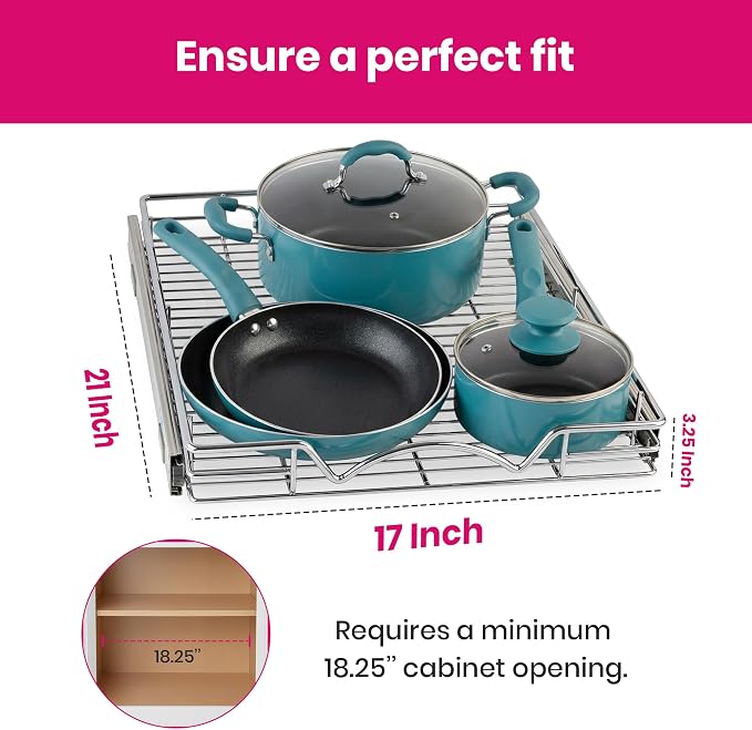 HOLDN’ STORAGE Pull Out Cabinet Organizer, Heavy Duty Caddy w/Lifetime Limited Warranty -17”W x 21”D - Requires At Least 18-1/4” Cabinet Opening, Steel Metal Cabinet Drawers Slide Out, Chrome - Image 3