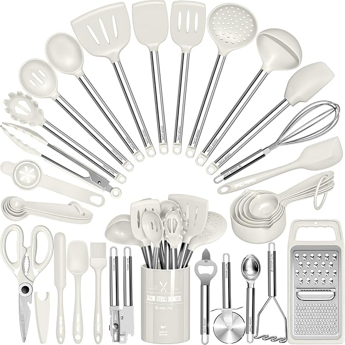 Kitchen Utensils Set-Umite Chef 34 Pcs Silicone Cooking Utensils Set for Nonstick Cookware-Silicone Spatulas Set, Stainless Steel Handle-White Kitchen Gadgets Tools, Pots and Pans Accessories by UmiteChef