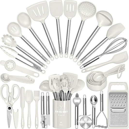 Kitchen Utensils Set-Umite Chef 34 Pcs Silicone Cooking Utensils Set for Nonstick Cookware-Silicone Spatulas Set, Stainless Steel Handle-White Kitchen Gadgets Tools, Pots and Pans Accessories by UmiteChef