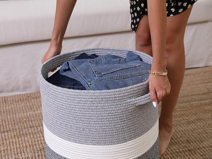 16" x 16" x 18" Extra Large Storage Basket with Lid, Cotton Rope Storage Baskets, Laundry Hamper, Cloth Bin, for Clothes Towels Blankets Pillows Storage in Living Room, Dual Grey with Lid - Image 7