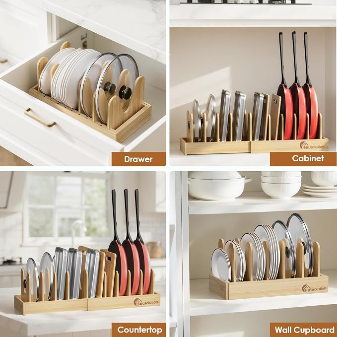 Housolution 2 Pack Bamboo Pot and Pan Lid Organizer Holder Storage Rack | 15"-29" Expandable, 10 Adjustable Dividers, Upgrade Solid Wooden Base, Easy Assembly - Image 7