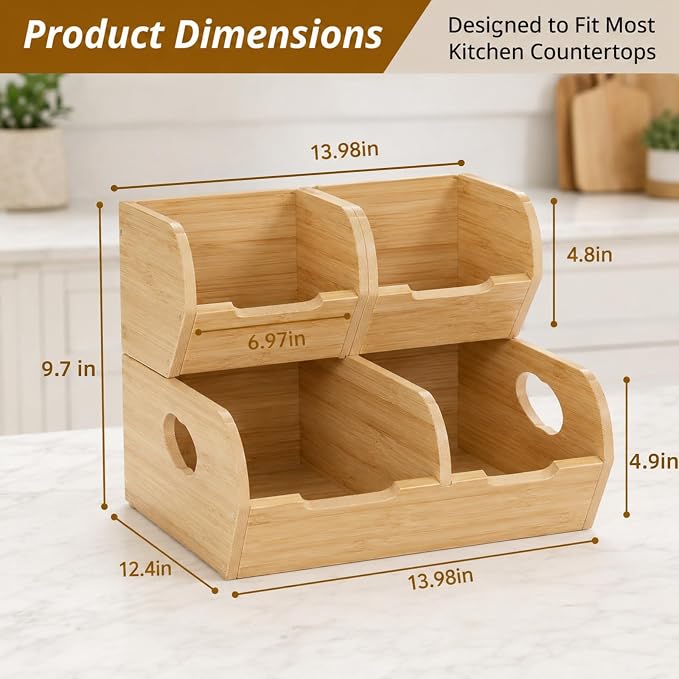 Potato and Onion Storage Bin – 3 Pack Bamboo Pantry Organizer Baskets for Kitchen Counter, Stackable & Ventilated Produce Basket for Fruit, Vegetable, Garlic & Snacks - Image 8
