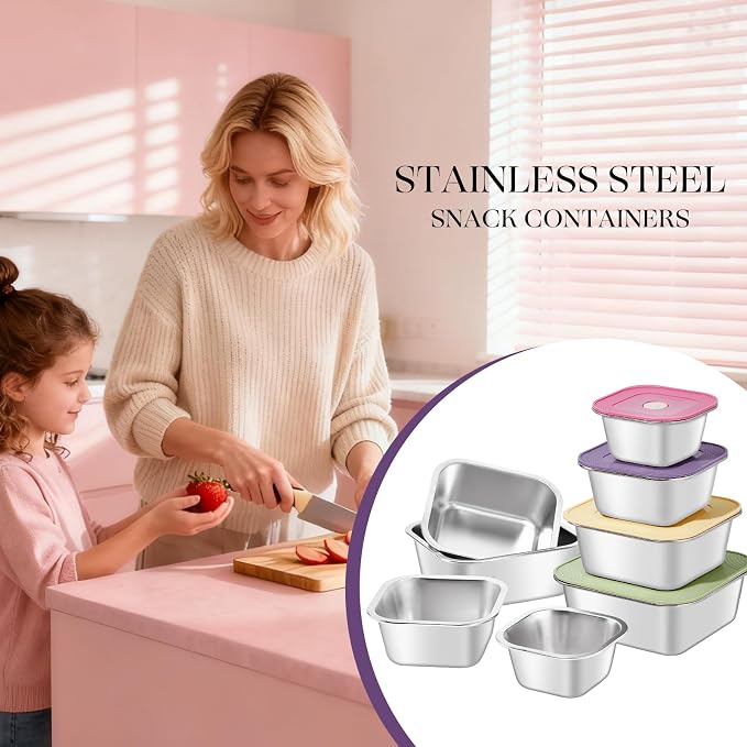8-Piece Stainless Steel Food Storage Containers Set with 4 Colorful Lids – Airtight & Leakproof for Meal Prep, Lunch, Leftovers – BPA-Free, Dishwasher Safe – Durable Kitchen & Office Organizers - Image 5
