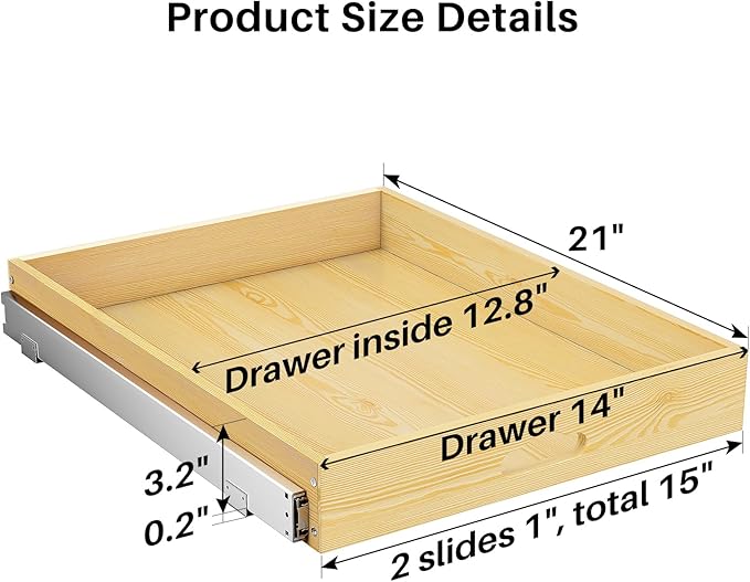 2Pack Pull Out Cabinet Organizer, Soft Close Wooden Slide Out Drawers for Pots, Full-extension Roll Out Shelves for Kitchen Cabinets, Pantry Organization, Bottom and Side Mount(15"W X 21"D x 3.4''H) - Image 2