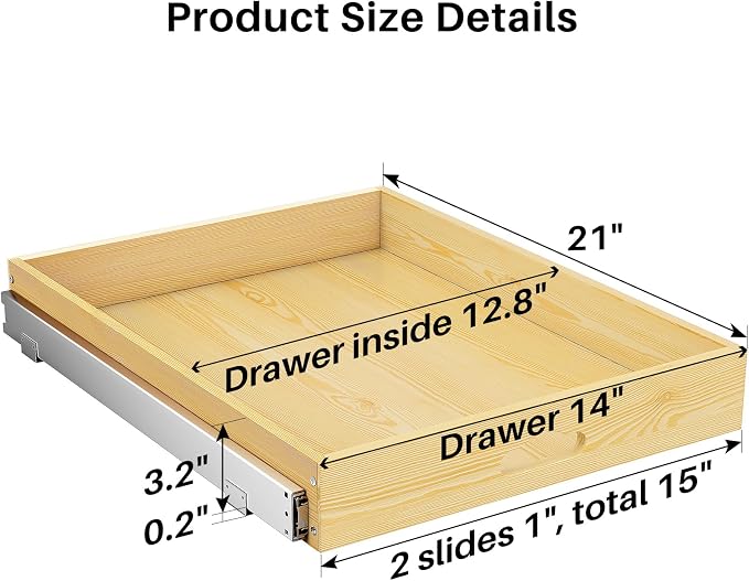 Pull Out Cabinet Organizer, Soft Close Wooden Slide Out Drawers for Pots and Pans, Full-extension Roll Out Shelves for Kitchen Cabinets, Pantry Organization, Bottom & Side Mount(15"W X 21"D x 3.4''H) - Image 2