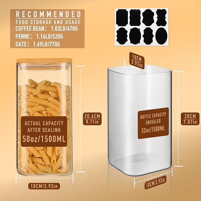 D2scrma 50oz Airtight Glass Square Storage Canister with Bamboo Lid Set of 3 (1500ml) Container Stackable Spice Jar, Kitchen Canister for Flour, Cookies, Cereal and Coffee beans (‎with Black Lable) - Image 2