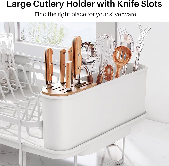 SNTD Large Dish Drying Rack for Kitchen Counter, Expandable, White | Stainless Steel Dish Drainer, Adjustable Length 18.9''-29.3'', Automatic Drainage, 360° Spout, Cutlery Holder with Knife Slot - Image 9