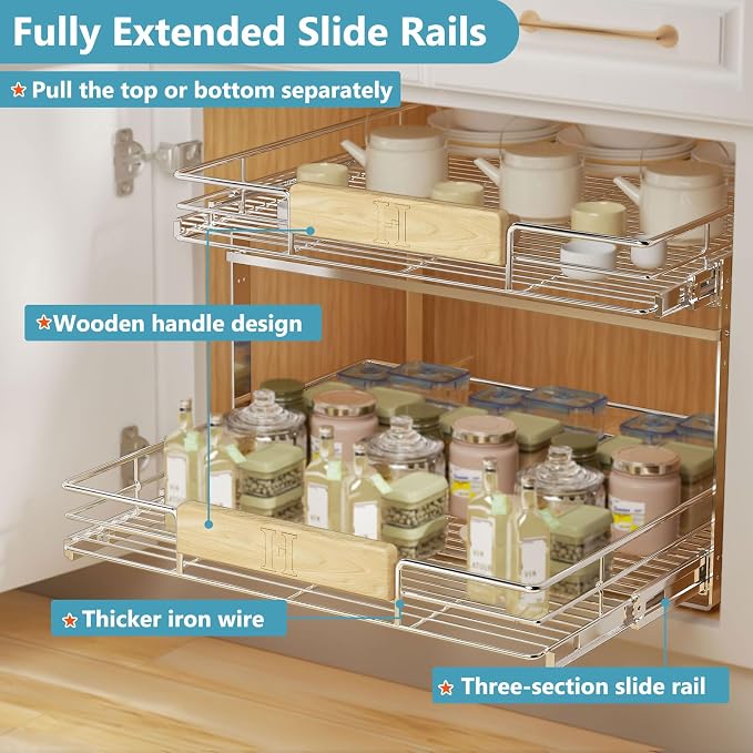 LOVMOR 2 Tier Pull Out Cabinet Organizer 28½" W x 21½" D, Slide Out Drawers with Wooden Handle, Sliding Shelves Organization and Storage for Kitchen, Pantry - Image 4