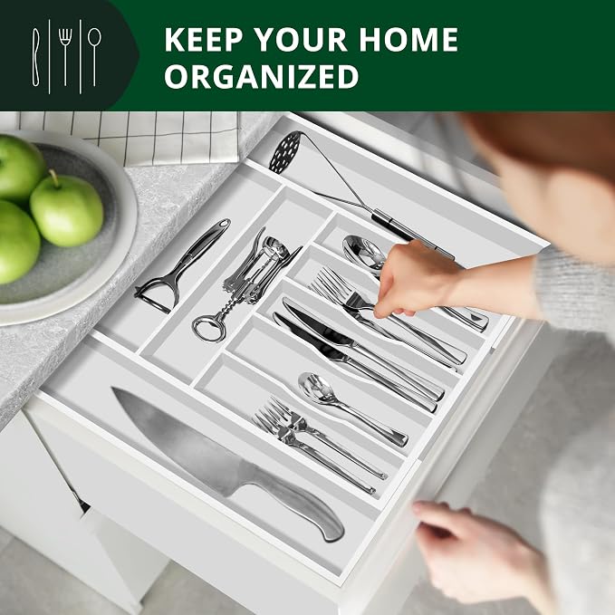 ROYAL CRAFT WOOD Luxury Bamboo Kitchen Drawer Organizer - Silverware Organizer - Utensil Holder and Cutlery Tray with Grooved Drawer Dividers for Flatware and Kitchen Utensils (9 Slot, White) - Image 4