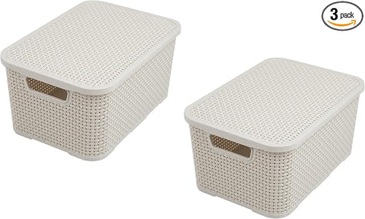 BranQ - Home essential 5901098045704 Rattan Basket Set of 3 Size S 7L Plastic PP Cream 28.5 x 19.5 x 12.9 cm (L x W x H) by Unknown