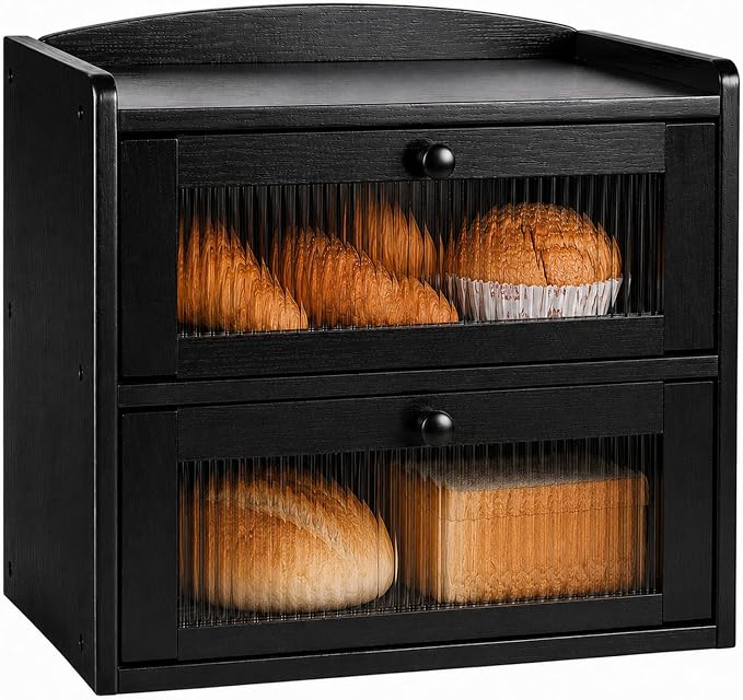 Large Wooden Bread Box for Kitchen Countertop, 2-Tier, Black | Clear Acrylic Window Spacious Bread Storage Farmhouse Style Pantry Organization For Homemade Bread and Bagels by Unknown