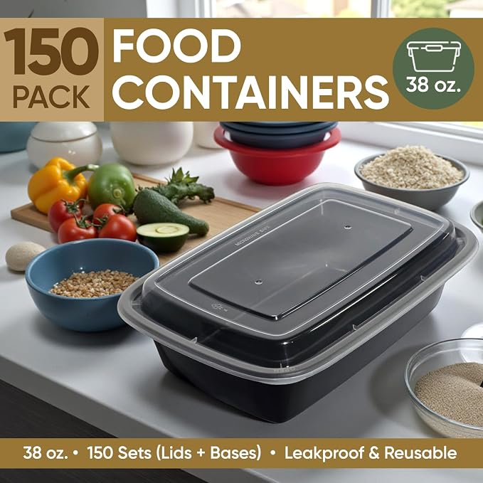 150 Pack (300 Piece) 38 oz Meal Prep Containers Reusable BPA Free Leakproof Stackable Food Storage Containers with Lids Microwave & Dishwasher Freezer Safe To Go Bento Box Style Take Out Clear Plastic - Image 6