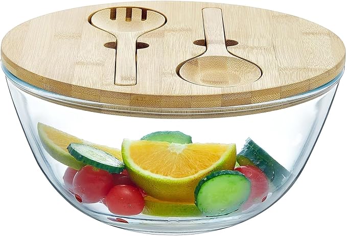 JOYMAY Glass Salad Bowl, 10.7inch Salad Bowl with Lid Thick Glass Mixing Bowls Serving Bowls, 4.7 Quart Large Salad Bowls with Bamboo Utensils, Trifle Bowl Fruit Bowl for Salad, Pasta, Microwave Safe by JOYMAY