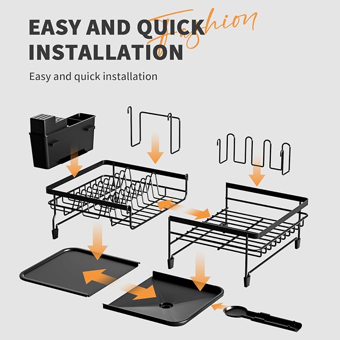 Dish Drying Rack - Extendable Dish Rack, Multifunctional Dish Rack for Kitchen Counter, Anti-Rust Drying Dish Rack with Removable Cutlery & Cup Holders, Black - Image 6