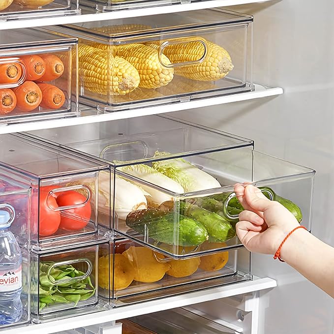 9 Pack Stackable Refrigerator Organizer Bins Pull-Out Drawers for Fruit and Veggies Storage Organizer for Fridge Clear Drawer Containers with Handle Divided Organization for Produce Saver - Image 2