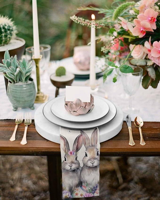 Dinner Cloth Napkins Set of 8, Spring Easter Washable Cocktail Cloth Napkins 20 x 20 Inch, Rustic Bunny Eggs Eucalyptus Leaves Botanical Reusable Table Napkins for Wedding Holiday Party - Image 5