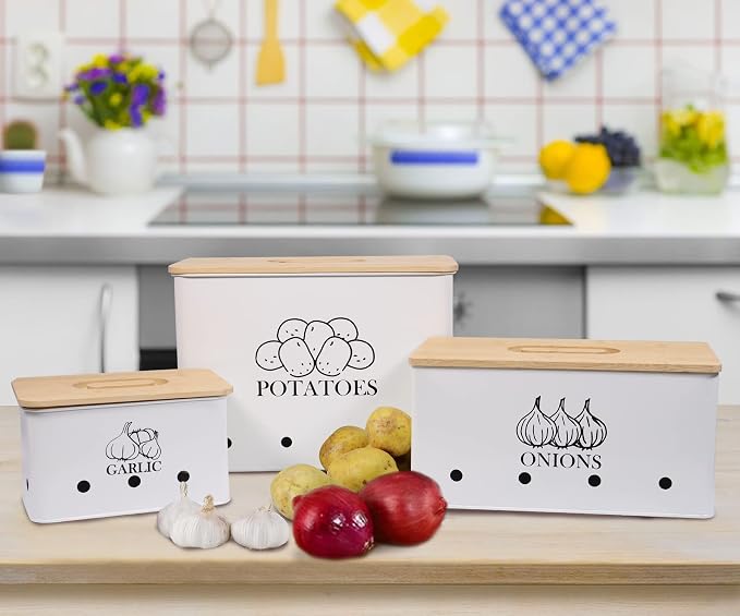 Kitchen Vegetable Storage Tins Set of 3 for Potato Onion & Garlic with Wooden Lid and Aerating Holes, Kitchen Storage Canisters Set, Vintage Kitchen Decor - White - Image 4