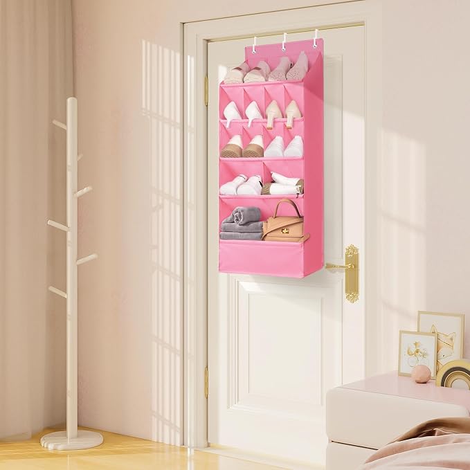 FENTEC 1 Pack Over-the-Door-Shoe-Organizers, Hanging Shoe Organizers with Large Pocket Shoe Holder Hanging Shoe Rack for Closet Shoes Organizer for Wall, Over Door Organizer with 15 Pockets Pink - Image 7