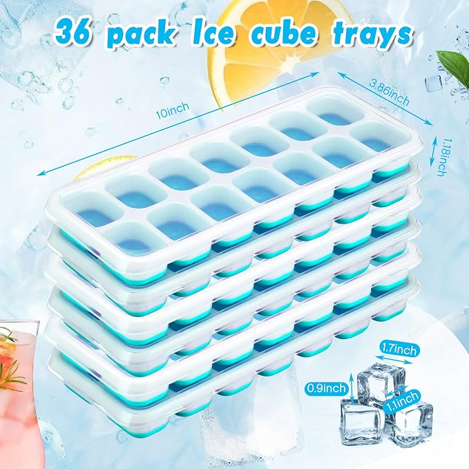 Rtteri 36 Pack Ice Cube Trays Silicone Ice Tray for Freezer Flexible 14 Cube Molds Easy Release Stackable Trays with Lid for Drinks Cocktail Coffee Baby Food (Blue) - Image 2