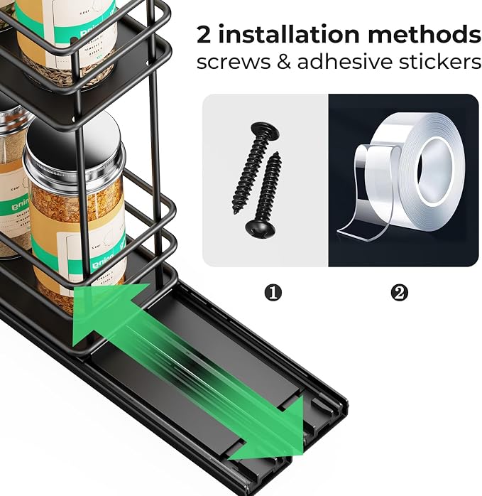 Mystozer Pull Out Spice Rack Organizer for Cabinet, Slide Out Spice Racks, Easy to Install Spice Cabinet Organizer, 2.5" Wx10.43 Dx8.26 H, 1 Drawer 2 Tiers（Black） - Image 5