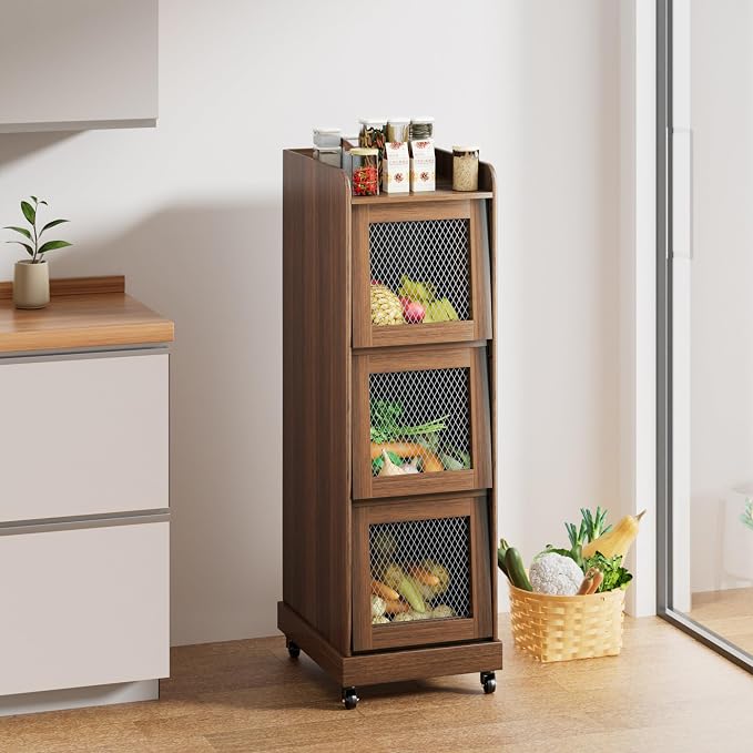 4 Tier Narrow Potato Storage Bin, Tall Wood Potato and Onion Storage Bin with Wheel, Movable Fruit and Vegetable Basket, Food Small Kitchen Pantry Cabinet, Wooden Bread Box, Walnut, Sliding Door - Image 5