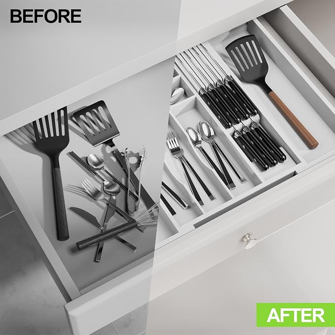 Bamboo Kitchen Drawer Organizer, Expandable Silverware Organizer with Removable Knife Block, 6-8 Slots- Utensil Holder & Cutlery Tray Drawer Dividers, 2.36" Deep for Extra Capacity, White - Image 7