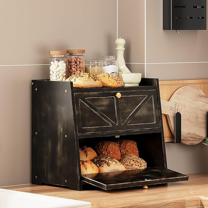 Trironsun Vintage Double Layer Bread Box for Kitchen Counter Bamboo Bread Storage Container Large Capacity Bread Storage Bin (Antique Black) - Image 2