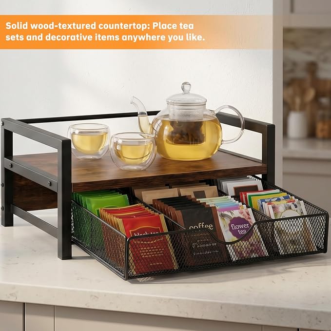 Tea Bag Organizer with 6 Compartments, Extra Large Countertop Tea Holder | Wooden Tea Holder, 6 Compartment Tea Drawer Caddy, Countertop Coffee & Tea Station Organizer for Kitchen & Office - Image 3