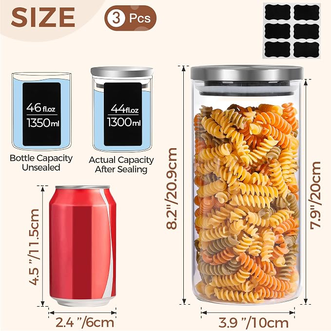 ComSaf Glass Food Storage Containers with Stainless Lids, 44 OZ Clear Glass Jar with Lid, Glass Containers with Lids set of 3, Flour Container for Pasta Sugar Tea Coffee Bean, Kitchen Canister Set - Image 2