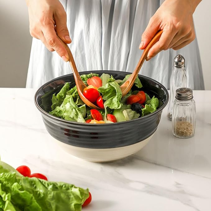 HASENSE Large Porcelain Serving Bowls Set of 2, 60 Oz 8.5 Inch Black & Beige Stoneware Mixing Bowls, Farmhouse Bowls for Salad, Soup & Pasta, Dishwasher & Microwave Safe - Image 5