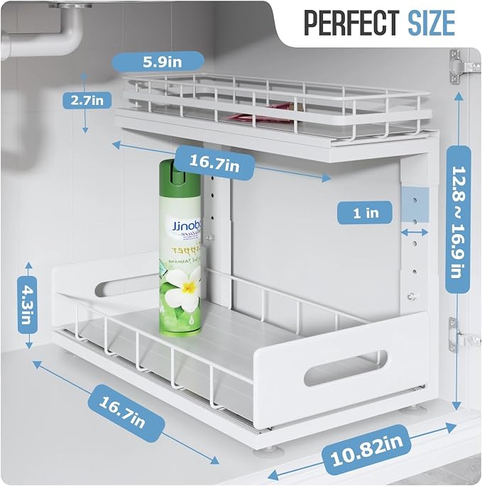 Under Sink Organizer Upgrade To Professional Rails,2-Tier Dual Pull Out Cabinet Storage,Height Adjustable Slide Out Drawers For Bathroom Kitchen,2 Pack-16.7"Dx12.8"-16.9"H,White - Image 2