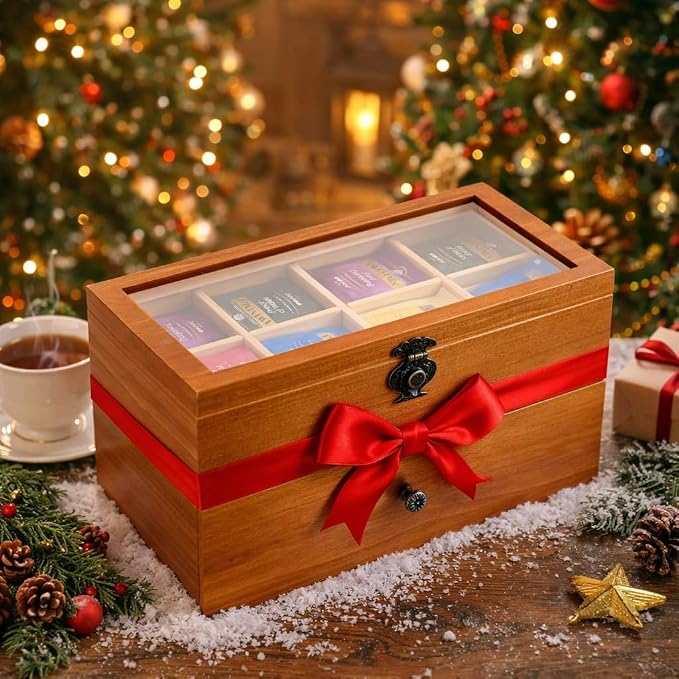 WELLAND Wood Tea Bag Organizer, Storage Box with Clear Acrylic Window, 2-layer 14 Compartments Large Capacity Tea Bag Holders, Gift Idea - Image 6