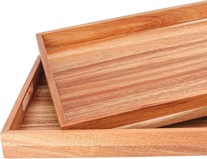 2 PCS Acacia Wood Serving Tray with Handles - 17 x 11.5 Inch Elegant Rectangle Wooden Tray for Food, Decorative Snack Tray, Breakfast and Kitchen Tray, Ideal Wooden Serving Platter for Homes - Image 3