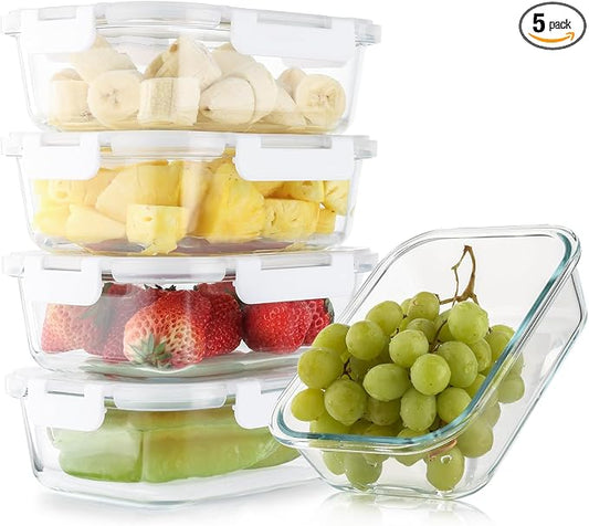 Cuiselect 5 Pack 36 Oz Glass Meal Prep Containers with Lids, Reusable Glass Food Storage Containers with Lids, Leak Proof, Microwave, Oven, Freezer and Dishwasher Safe (White) by Cuiselect