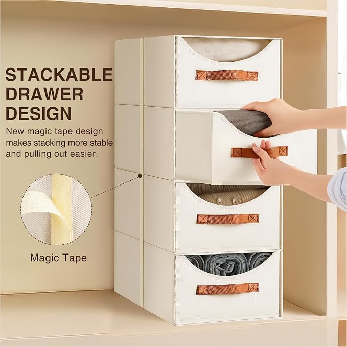Large Closet Storage Bins with Drawer, Fabric Bins for Organization, Collapsible Storage Drawers Organizer for Bedroom, Living Room, 6 Pack, Beige - Image 4