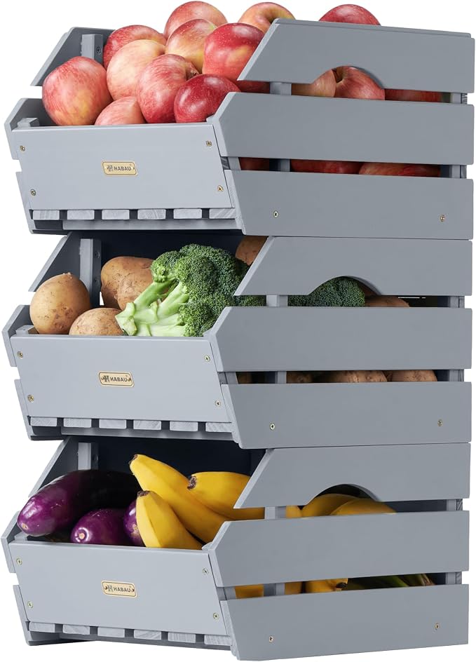 Wood Potato Onion Storage Bins - Wooden Stackable Produce Basket - Fruit Vegetable Storage for Kitchen Pantry Organization, Set 3 Pieces by HABAU