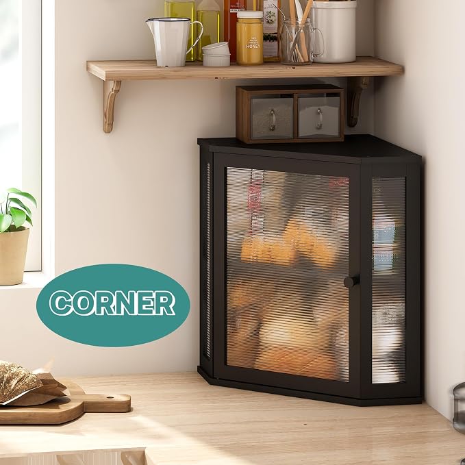 viewcare Corner Bread Box for Kitchen Counter, Bamboo Wood Large Capacity Bread Storage Bin with Acrylic Wavy Door Panel (Black, Extra Large) - Image 2