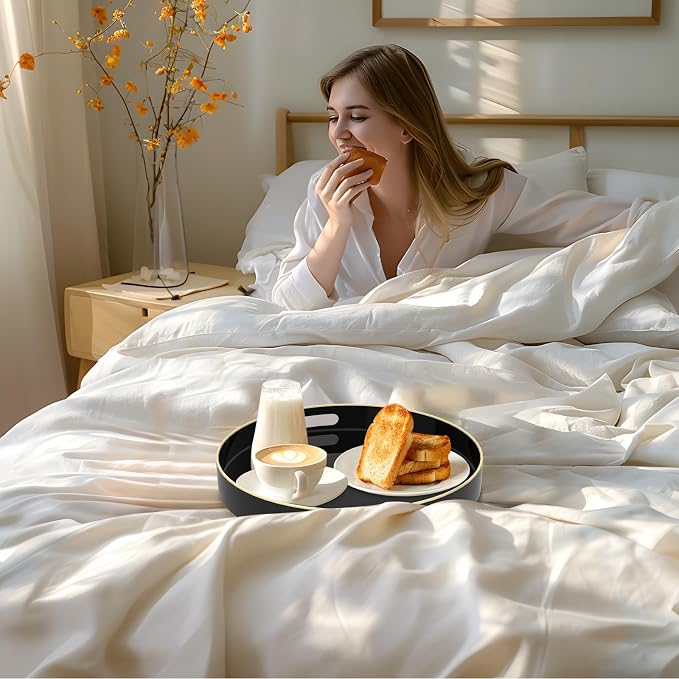 13" Black Decorative Tray, Plastic Round Serving Tray with Handles | Decorative Tray for Coffee Table, Modern Ottoman Tray, Circle Tea Tray, Round Melamine Tray for Living Room, Bathroom - Image 5