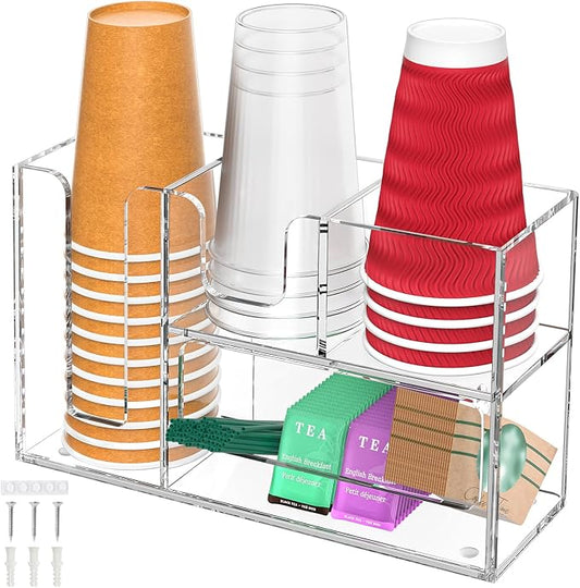 2-Tier Coffee Station Organizer for Countertop, 4 Compartments Clear Acrylic Cup and Lid Holder Tea Condiment Storage Upright Coffee Bar Organizer Pod Dispenser for Office Breakroom Home Kitchen by ENJOYYOURLIFE