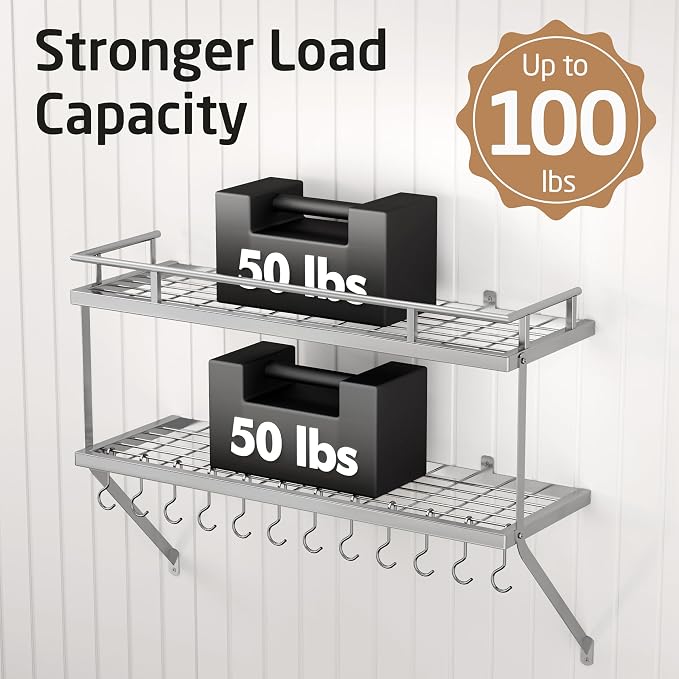 KES 30-Inch Silver Gray Pot Rack Wall Mounted, 100 Lbs Capacity | 2-Tier, Hanging Pot and Pan Organizer with 12 Sturdy Hooks, Kitchen Wall Hanger Shelves Modern, KUR215S75B-SG - Image 3