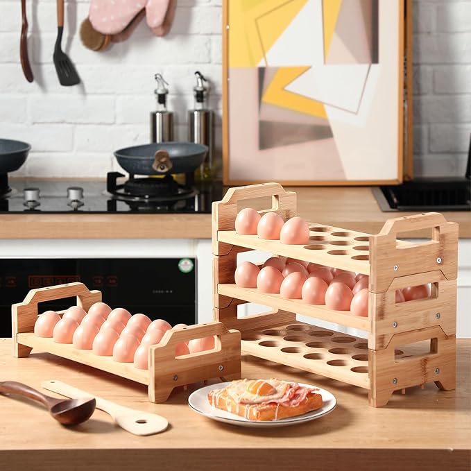 Reallnaive 4 Tier Wooden Egg Holder for Countertop, Bamboo Stackable Fresh Eggs Storage Farmhouse Collecting Rack for Gathering Kitchen Organizer or Easter Egg Display, Stackable with 72 Eggs(Wood) - Image 4